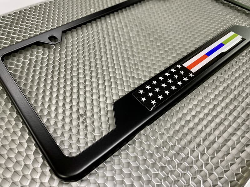 Law Enforcement, Military and Fire American Flag - Stainless Steel Black 2-hole Car License Plate Frame
